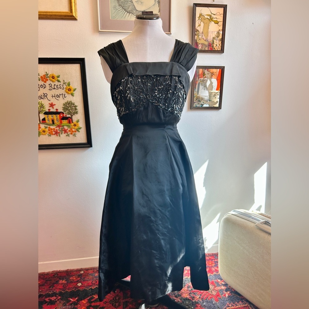 Late 1950s / Early 1960s Vintage Beaded Black Satin Cocktail & Dance Dress